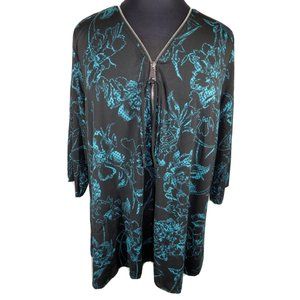 Avenue Women's Black And Teal Floral Blouse Zipper Detail Plus Size 22-24